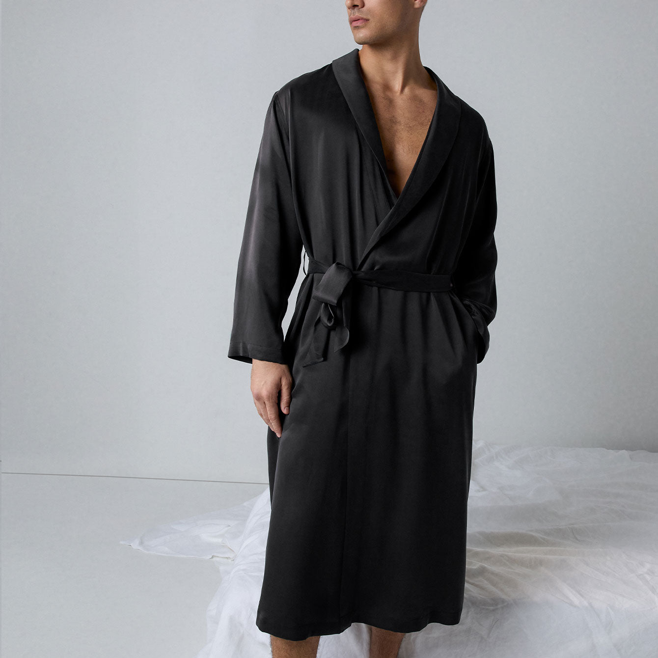 Men's Washable Silk Robe - #Immersed Black