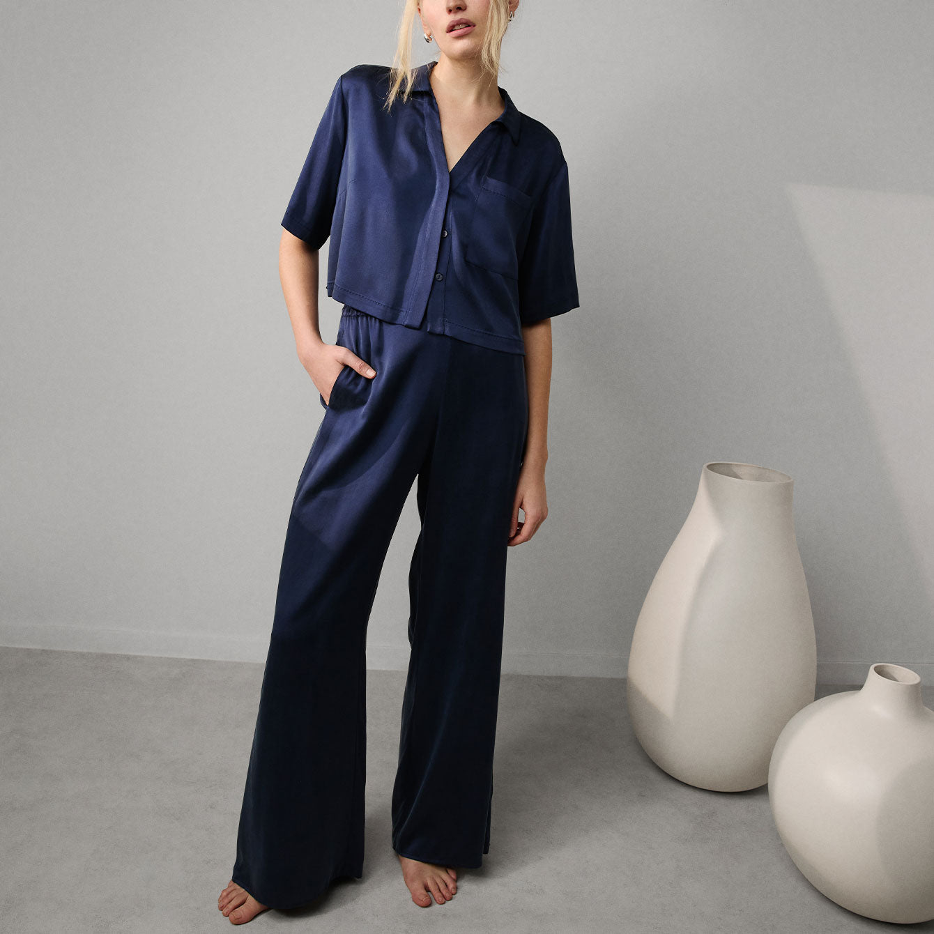 Lunya Washable Silk High Rise Pant Set - #Deep Blue